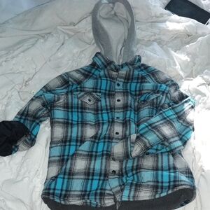 Micros Teal and Charcoal Plaid Kids Hoodie